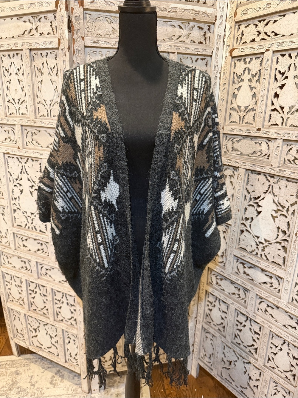debut Black & Cream Geometric Open-Front Cardigan with Fringe